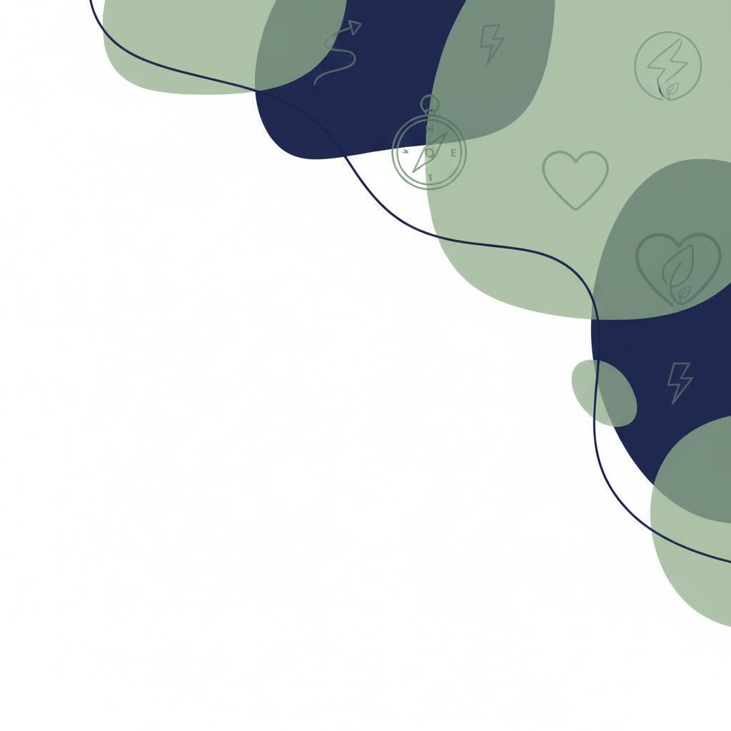 A calming abstract illustration featuring overlapping organic shapes in sage green and deep navy tones. The design includes subtle, faint line-art icons—such as a compass, heart, leaf, spark, and path—integrated softly within the layered shapes. Thin flowing lines curve across the composition, all set against a clean white background. The illustration symbolizes emotional grounding, clarity, and supportive mindset work for the Money Mindset Reset workshop