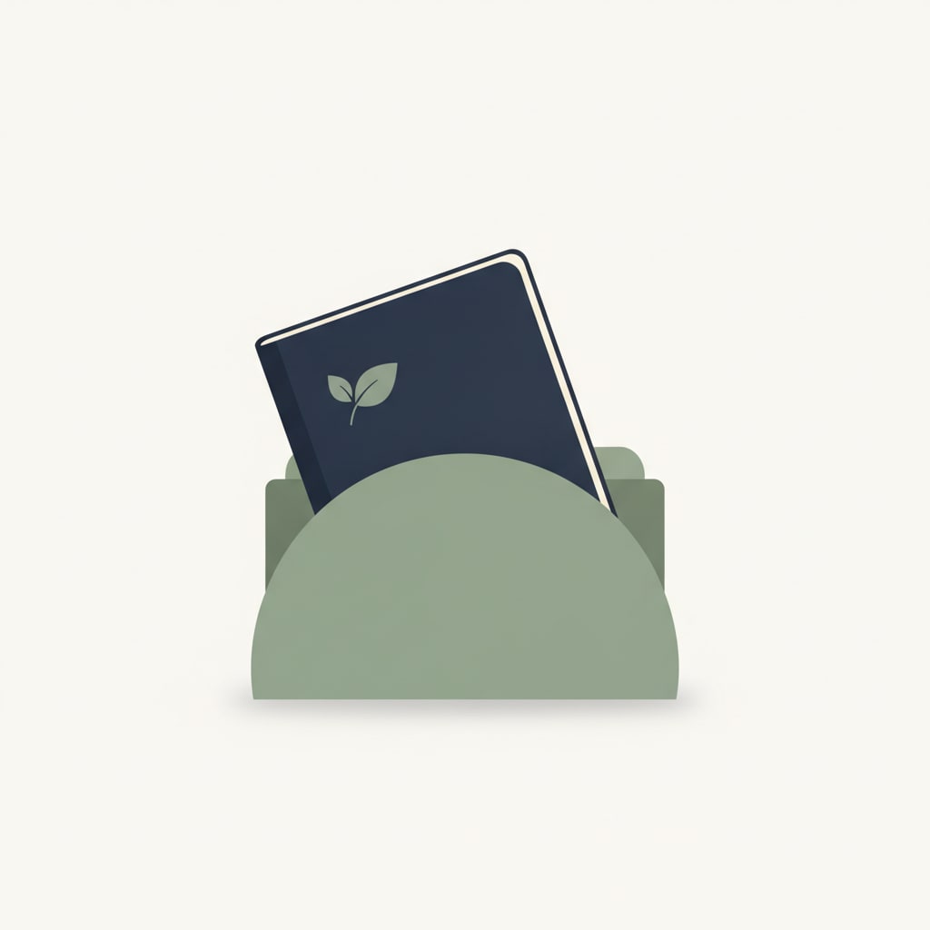 Minimalist illustration of a navy notebook with a leaf icon inside a sage green folder on a soft neutral background