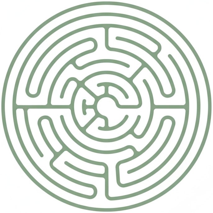 Minimal sage green labyrinth icon on a pure white background used to represent clarity, simplicity, and nervous-system-safe learning in the Money Mindset Reset workshop.