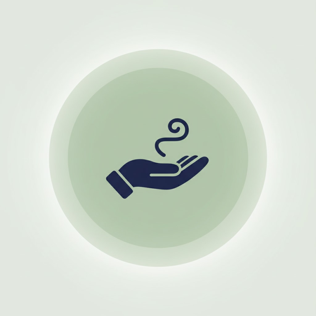 Minimalist navy hand holding a calming swirl inside a softly glowing sage green circle on a light neutral background