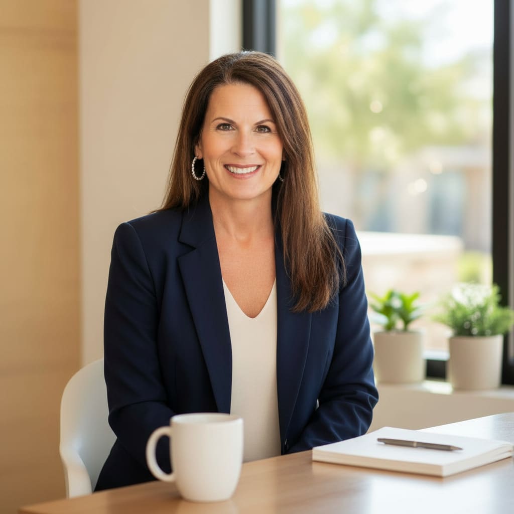 Instructor Elizabeth Rose smiling in a modern office setting with plants and a coffee mug on the desk, photographed for the Money Mastery Blueprint financial education course.