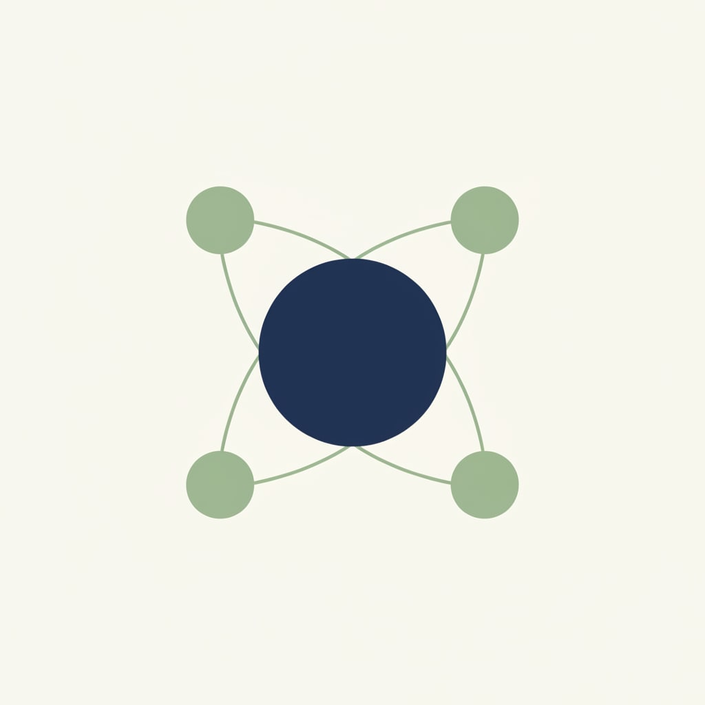 Minimalist identity mapping illustration with a central navy circle connected to four sage green circles on a soft neutral background