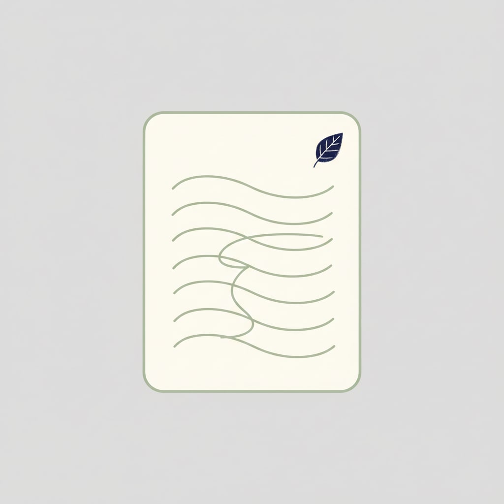 Minimalist worksheet illustration with sage green outline, soft abstract writing lines, and a navy leaf icon on a light neutral background