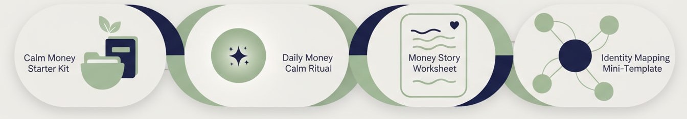 Horizontal graphic with four connected panels illustrating the Calm Money Starter Kit, Daily Money Calm Ritual, Money Story Worksheet, and Identity Mapping Mini-Template in sage green and navy