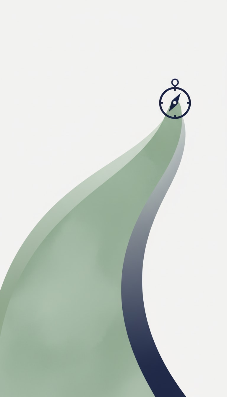 Vertical minimalist illustration with a soft upward sage path, a navy compass near the top, and a gentle sage-to-navy gradient arc on a light neutral background