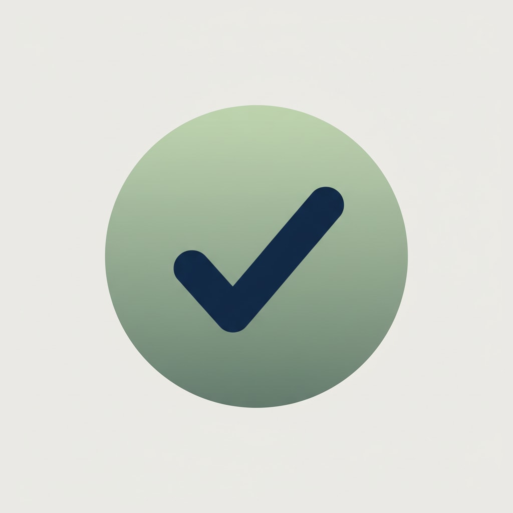 Minimalist checkmark icon centered in a sage green circle. Represents confirmation, completion, and clarity. Ideal for financial workshops, UI elements, onboarding steps, and nervous-system-safe design