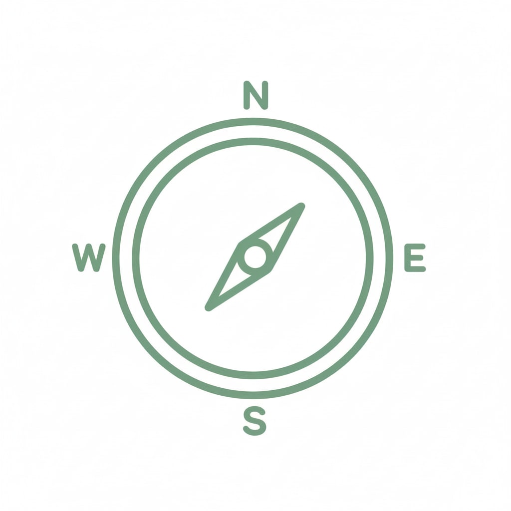 Minimal sage green compass icon with N, E, S, and W labels on a transparent background, symbolizing direction and financial guidance