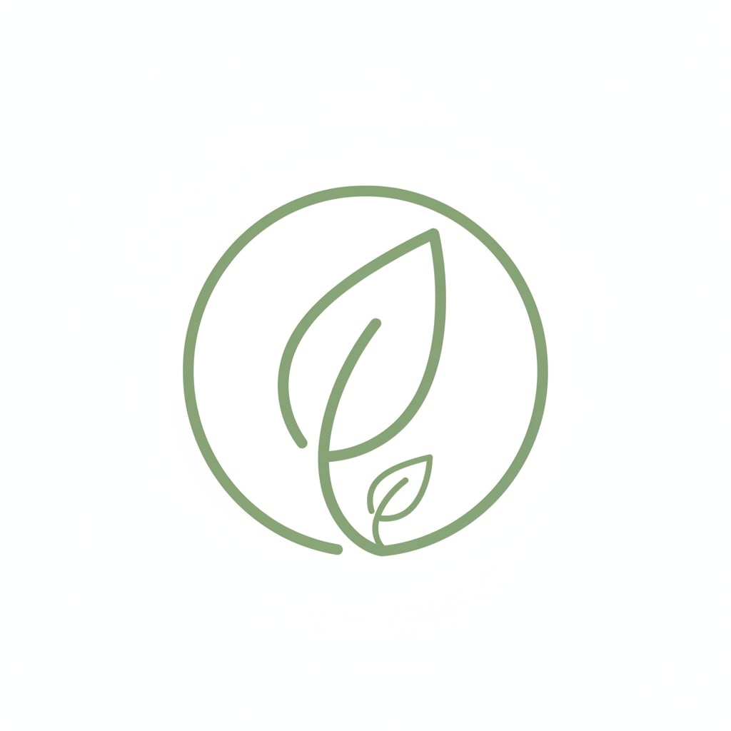 Minimal sage green leaf icon inside a circle on a white background, symbolizing growth and positive financial development